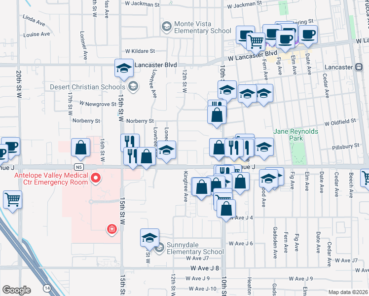 map of restaurants, bars, coffee shops, grocery stores, and more near 44435 12th Street West in Lancaster