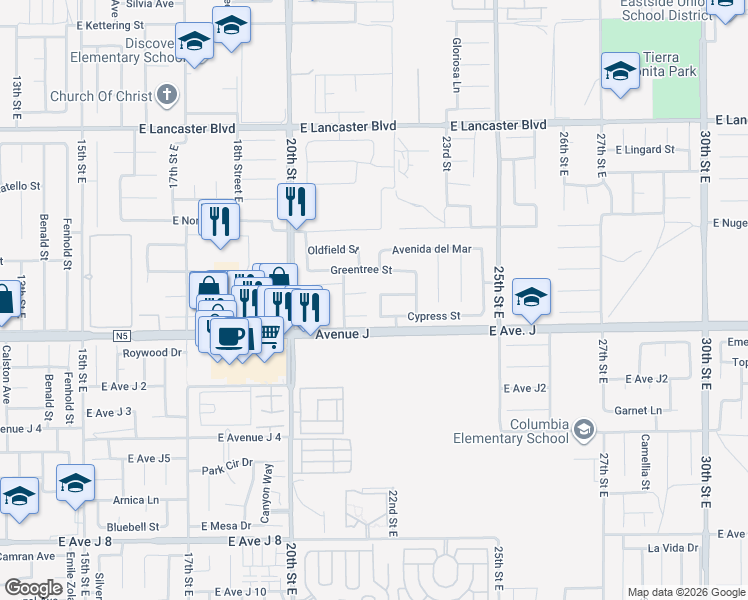 map of restaurants, bars, coffee shops, grocery stores, and more near 2155 Cypress Street in Lancaster