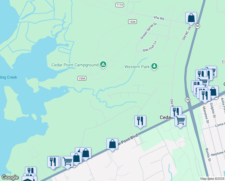 map of restaurants, bars, coffee shops, grocery stores, and more near 404 Marsh Island Drive in Swansboro
