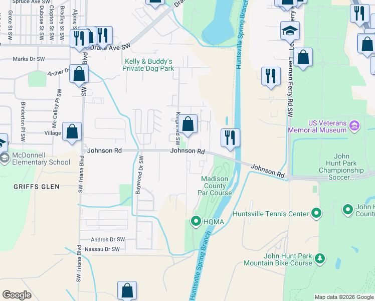 map of restaurants, bars, coffee shops, grocery stores, and more near Johnson Road Southwest in Huntsville