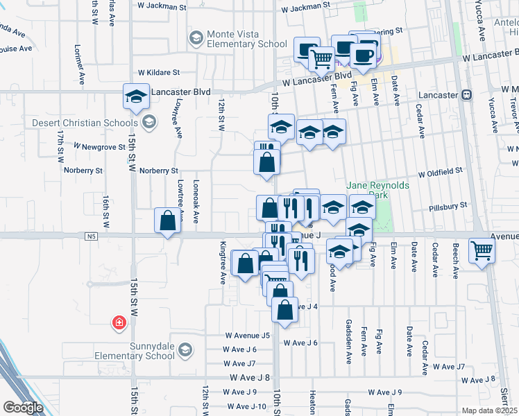 map of restaurants, bars, coffee shops, grocery stores, and more near 44447 10th Street West in Lancaster