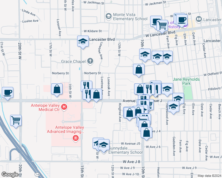 map of restaurants, bars, coffee shops, grocery stores, and more near 44446 Loneoak Avenue in Lancaster