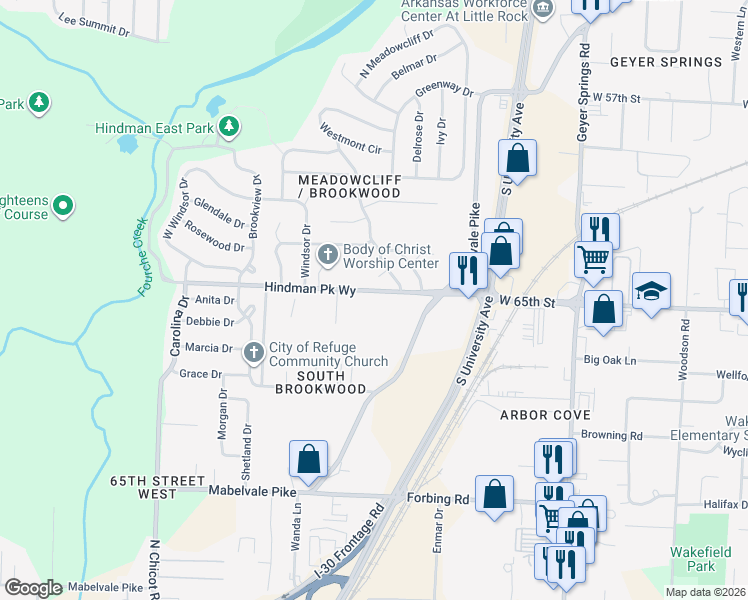 map of restaurants, bars, coffee shops, grocery stores, and more near 6810 West 65th Street in Little Rock