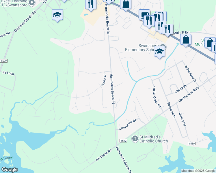 map of restaurants, bars, coffee shops, grocery stores, and more near 109 Nellie Lane in Swansboro