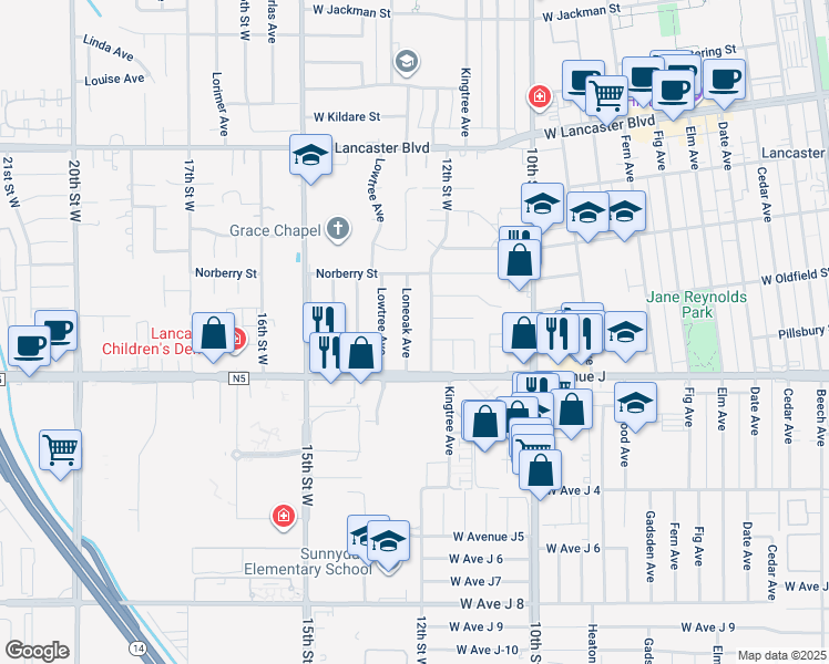map of restaurants, bars, coffee shops, grocery stores, and more near 44446 Loneoak Avenue in Lancaster