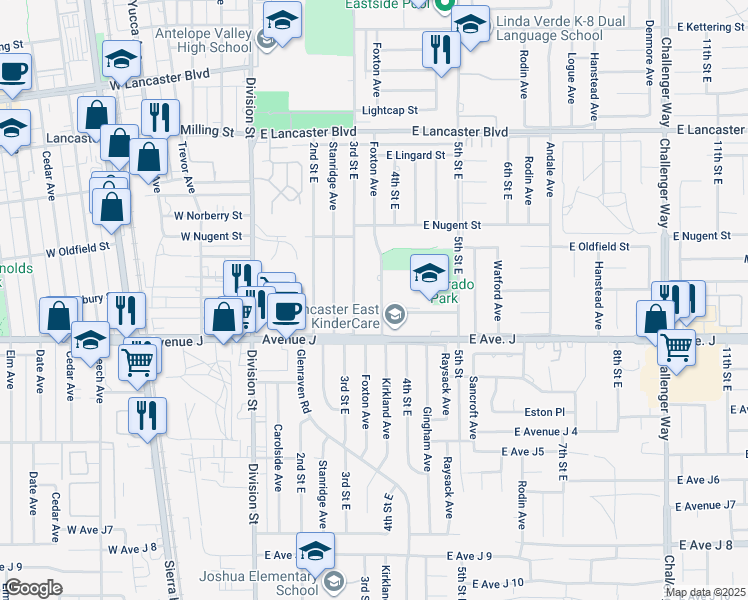 map of restaurants, bars, coffee shops, grocery stores, and more near 44445 Foxton Avenue in Lancaster