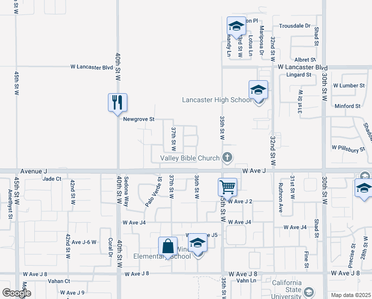 map of restaurants, bars, coffee shops, grocery stores, and more near 3630 West Pillsbury Street in Lancaster