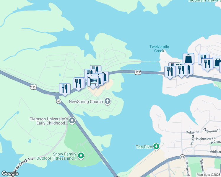 map of restaurants, bars, coffee shops, grocery stores, and more near 13370 Clemson Boulevard in Seneca
