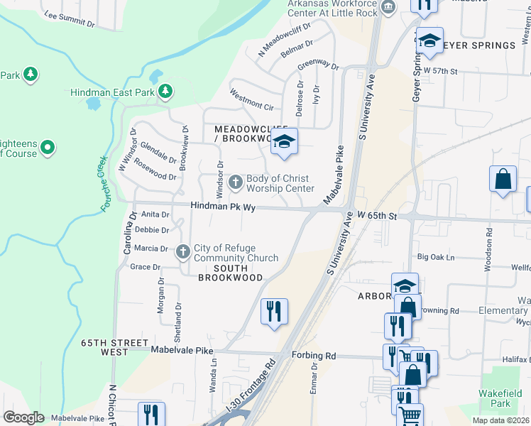 map of restaurants, bars, coffee shops, grocery stores, and more near 6810 West 65th Street in Little Rock