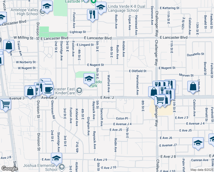 map of restaurants, bars, coffee shops, grocery stores, and more near 44443 Watford Avenue in Lancaster