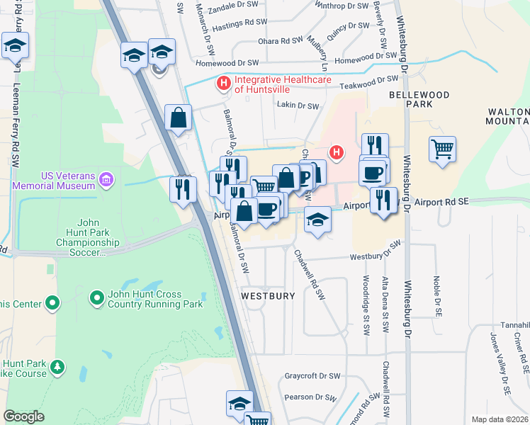 map of restaurants, bars, coffee shops, grocery stores, and more near 975 Airport Road Southwest in Huntsville
