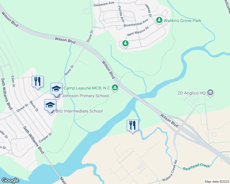 map of restaurants, bars, coffee shops, grocery stores, and more near Camp Lejeune Trail in Camp Lejeune