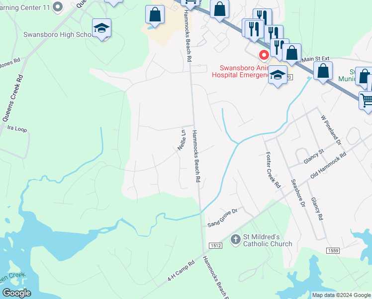 map of restaurants, bars, coffee shops, grocery stores, and more near 109 Nellie Lane in Swansboro