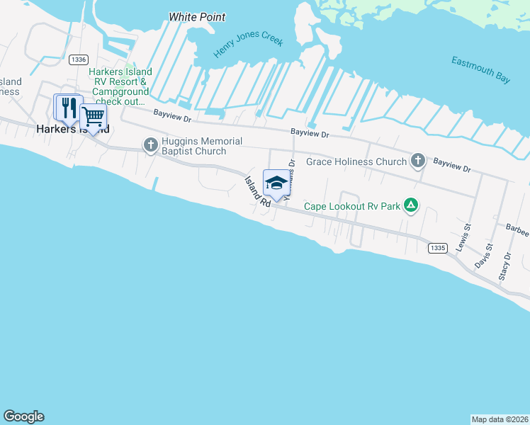 map of restaurants, bars, coffee shops, grocery stores, and more near 1284 Island Road in Harkers Island
