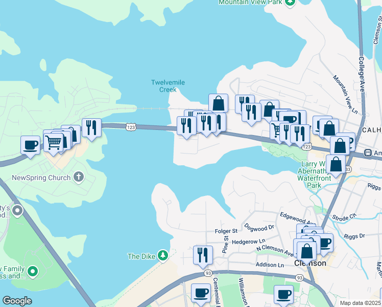 map of restaurants, bars, coffee shops, grocery stores, and more near 106 Holiday Avenue West in Clemson