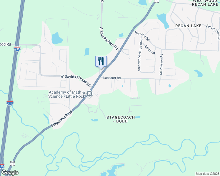 map of restaurants, bars, coffee shops, grocery stores, and more near 6219 Stagecoach Road in Little Rock