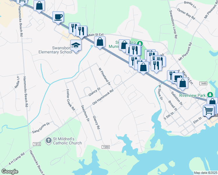 map of restaurants, bars, coffee shops, grocery stores, and more near 304 Hammock Road in Swansboro