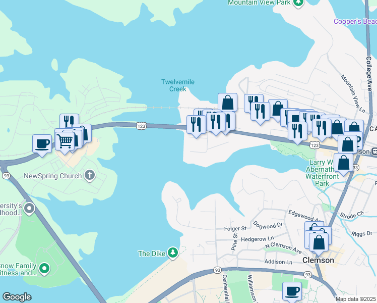 map of restaurants, bars, coffee shops, grocery stores, and more near 106 Holiday Avenue West in Clemson