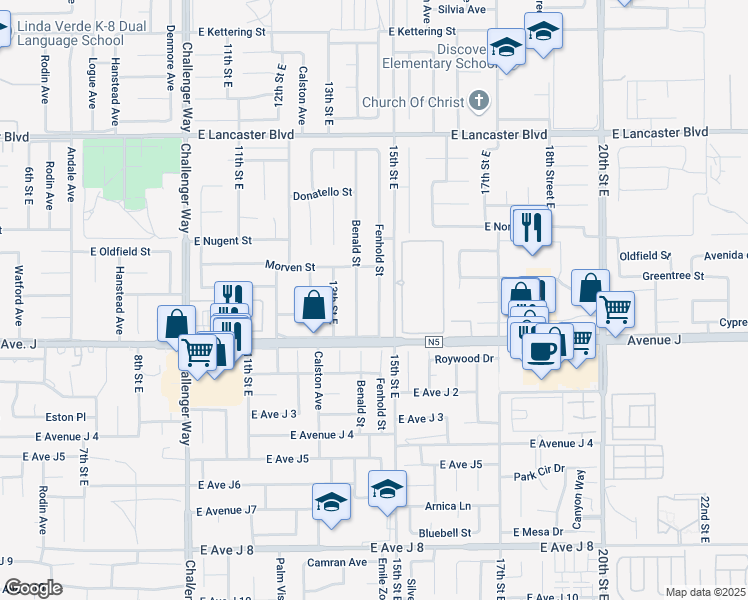map of restaurants, bars, coffee shops, grocery stores, and more near 44449 Fenhold Street in Lancaster