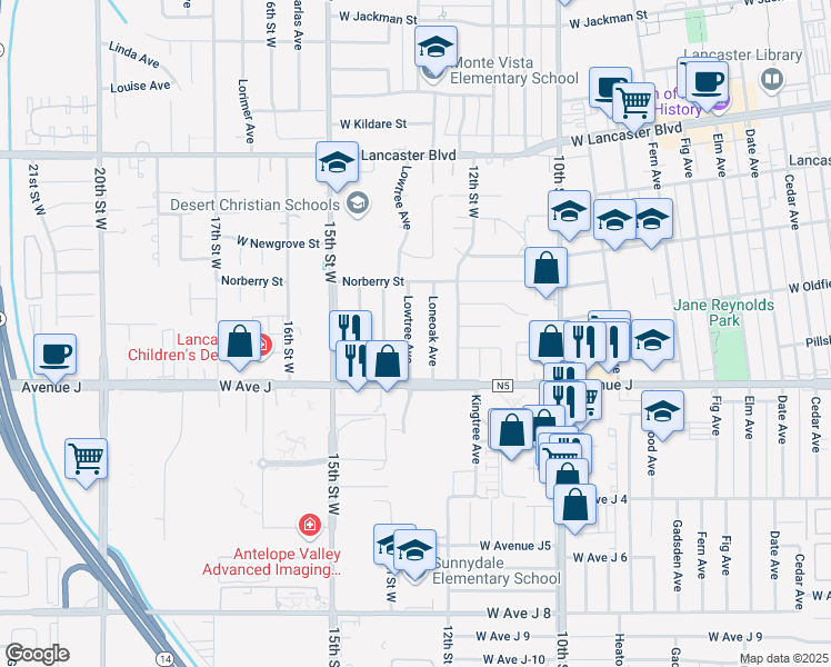 map of restaurants, bars, coffee shops, grocery stores, and more near 44450 Lowtree Avenue in Lancaster