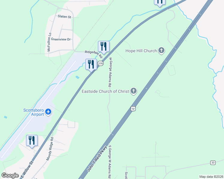 map of restaurants, bars, coffee shops, grocery stores, and more near 378 North George Adams Road in Scottsboro