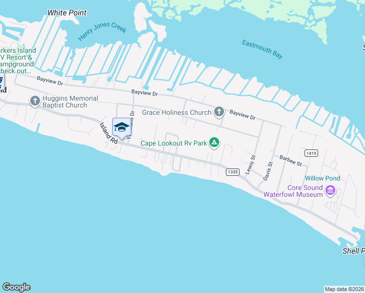 map of restaurants, bars, coffee shops, grocery stores, and more near 1413-1431 State Road 1335 in Harkers Island