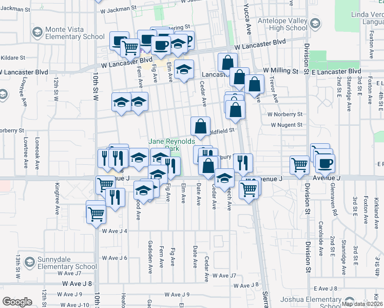 map of restaurants, bars, coffee shops, grocery stores, and more near 44515 Date Avenue in Lancaster