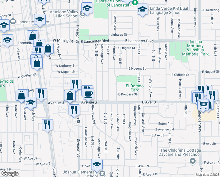 map of restaurants, bars, coffee shops, grocery stores, and more near 44448 3rd Street East in Lancaster