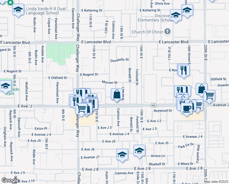map of restaurants, bars, coffee shops, grocery stores, and more near 1218 Caperton Street in Lancaster