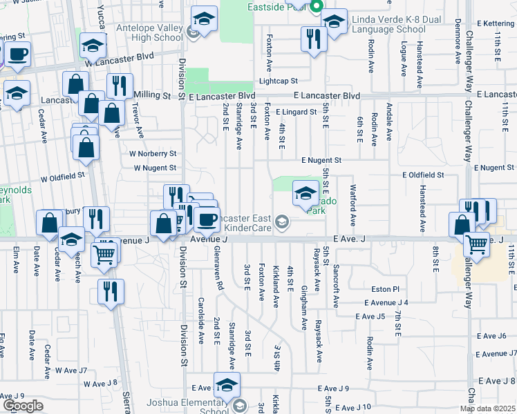 map of restaurants, bars, coffee shops, grocery stores, and more near 44448 3rd Street East in Lancaster