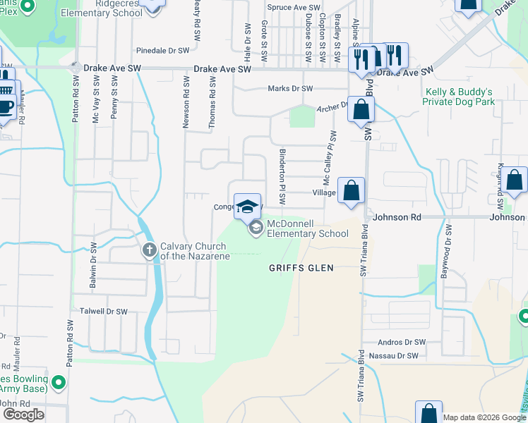 map of restaurants, bars, coffee shops, grocery stores, and more near 3407 Conger Road Southwest in Huntsville
