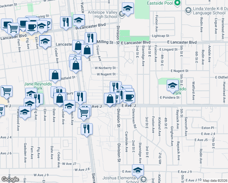 map of restaurants, bars, coffee shops, grocery stores, and more near 117 Pillsbury Street in Lancaster
