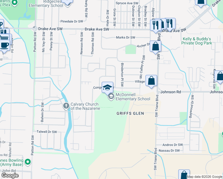 map of restaurants, bars, coffee shops, grocery stores, and more near 3407 Conger Road Southwest in Huntsville