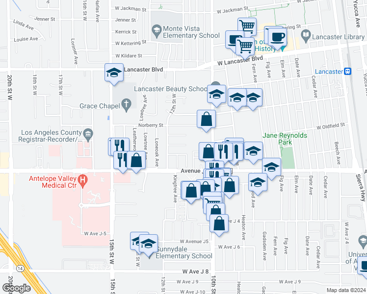 map of restaurants, bars, coffee shops, grocery stores, and more near 1108 West Ovington Street in Lancaster