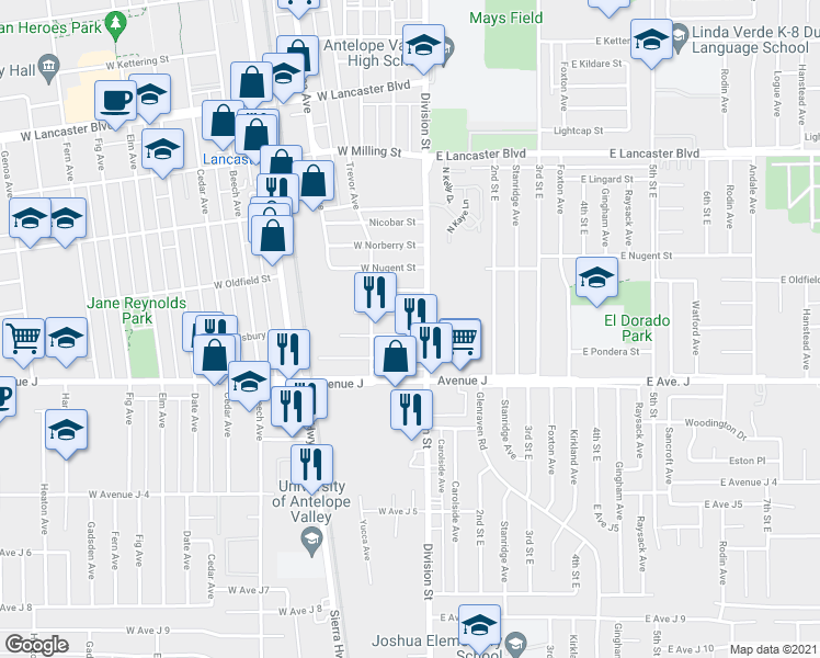 map of restaurants, bars, coffee shops, grocery stores, and more near 117 West Pillsbury Street in Lancaster