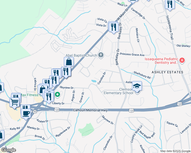 map of restaurants, bars, coffee shops, grocery stores, and more near 104 Carolina Court in Clemson