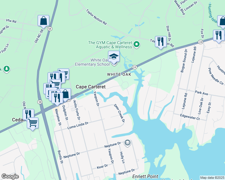 map of restaurants, bars, coffee shops, grocery stores, and more near 207 Bayside Drive in Cape Carteret