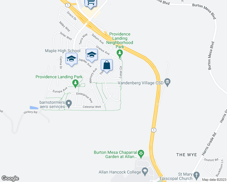 map of restaurants, bars, coffee shops, grocery stores, and more near 628 Celestial Way in Lompoc