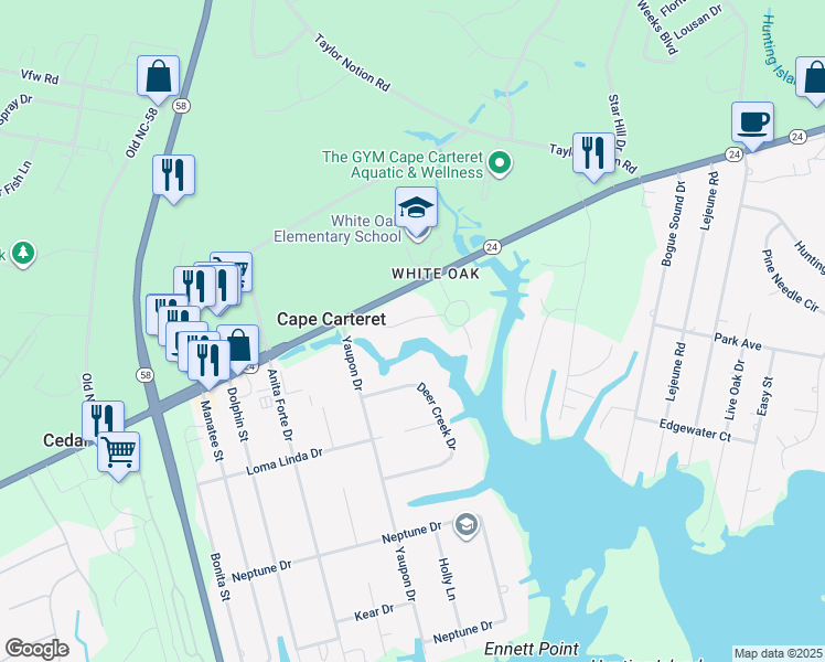 map of restaurants, bars, coffee shops, grocery stores, and more near 207 Bayside Drive in Cape Carteret