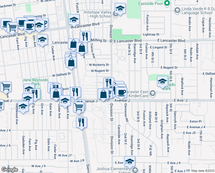 map of restaurants, bars, coffee shops, grocery stores, and more near 44431 Division Street in Lancaster
