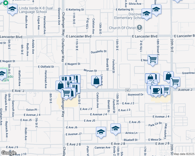 map of restaurants, bars, coffee shops, grocery stores, and more near 44450 Calston Avenue in Lancaster