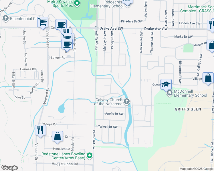 map of restaurants, bars, coffee shops, grocery stores, and more near 3900 Rucker Circle Southwest in Huntsville