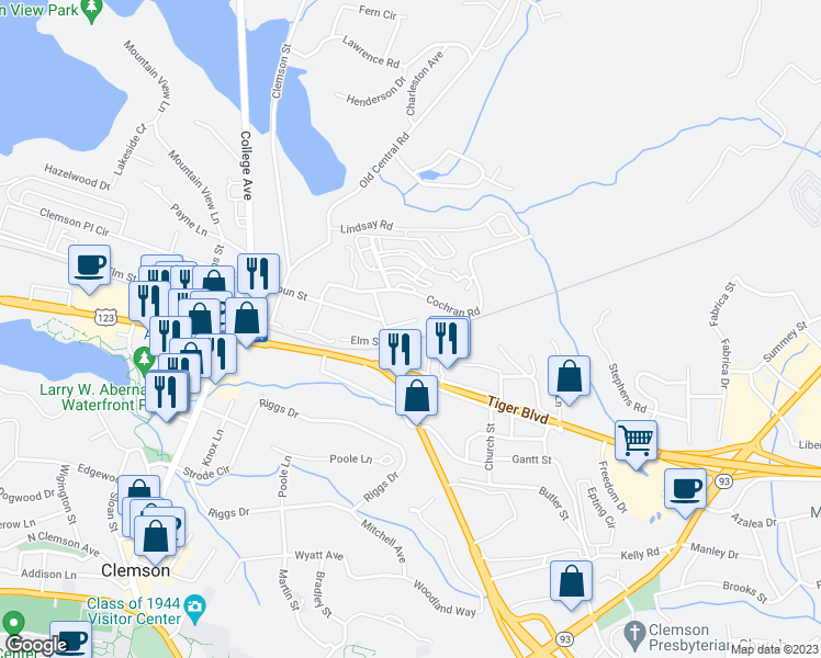 map of restaurants, bars, coffee shops, grocery stores, and more near 1301 Tiger Boulevard in Clemson