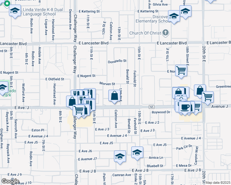 map of restaurants, bars, coffee shops, grocery stores, and more near 44450 Calston Avenue in Lancaster
