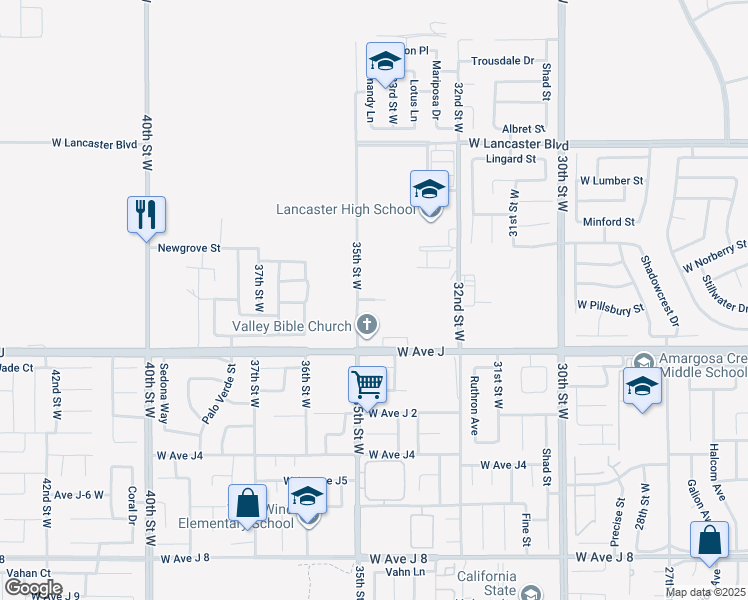 map of restaurants, bars, coffee shops, grocery stores, and more near West Pillsbury Street in Lancaster
