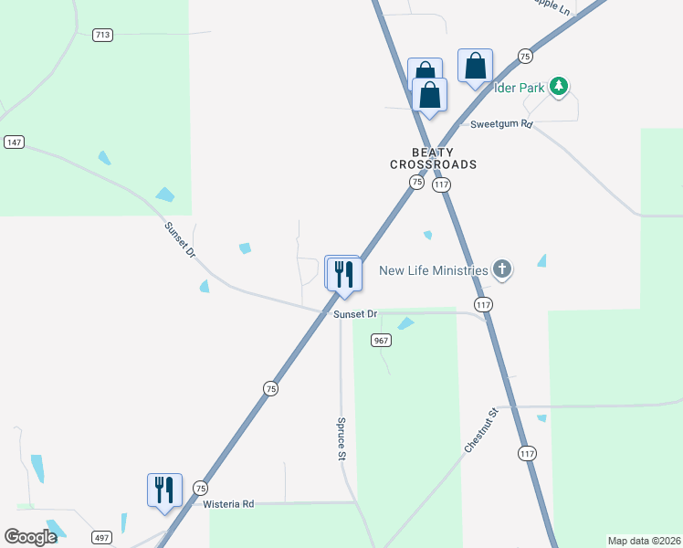 map of restaurants, bars, coffee shops, grocery stores, and more near 10901-11099 Alabama 75 in Ider