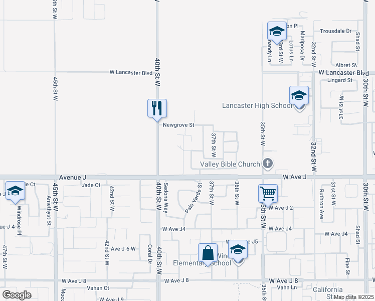 map of restaurants, bars, coffee shops, grocery stores, and more near Pillsbury Street in Los Angeles County