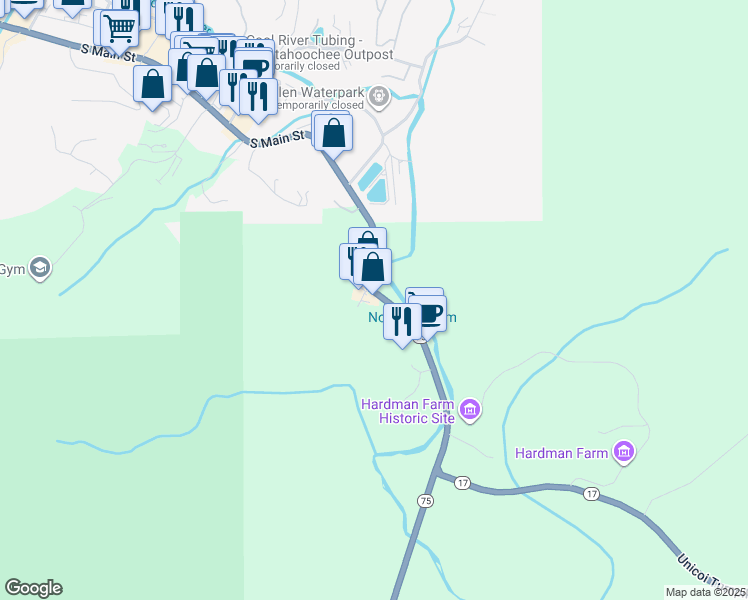 map of restaurants, bars, coffee shops, grocery stores, and more near 7275 South Main Street in Helen