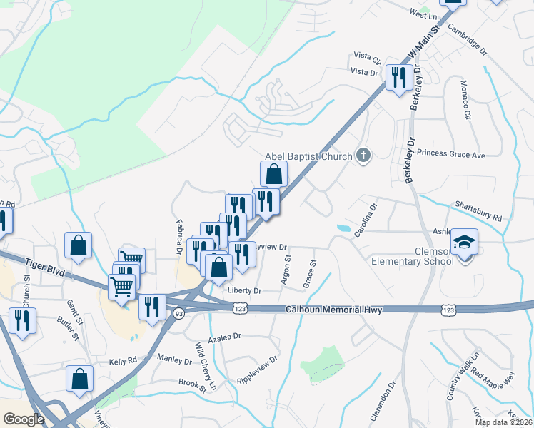 map of restaurants, bars, coffee shops, grocery stores, and more near 613 Old Greenville Highway in Clemson