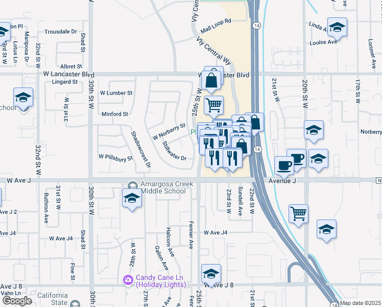 map of restaurants, bars, coffee shops, grocery stores, and more near 44526 Stonebridge Lane in Lancaster
